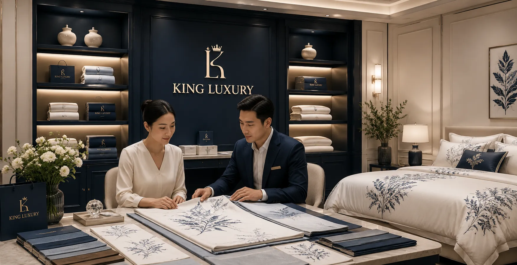 Chuyên viên King Luxury tư vấn bộ chăn ga Nature Home trong showroom